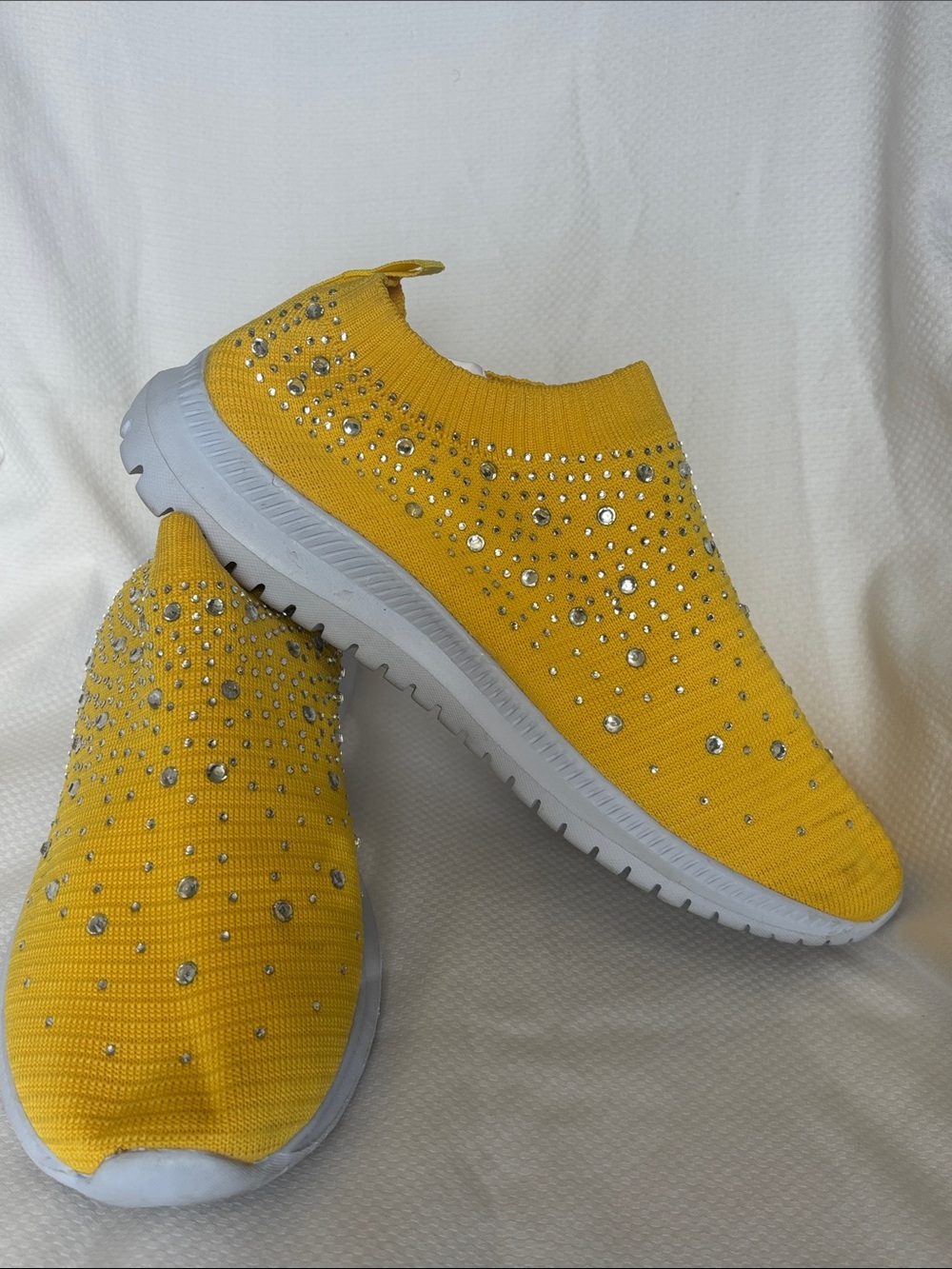 Yellow Rhinestone Slip-On Knit Sneakers - Women